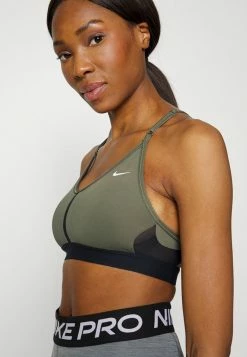 Nike Performance INDY V NECK BRA - Light Support Sports Bra - Medium Olive/black/white -Nike Performance store 6d43b25471cc40f0a38983914a6214bb