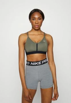 Nike Performance INDY V NECK BRA - Light Support Sports Bra - Medium Olive/black/white