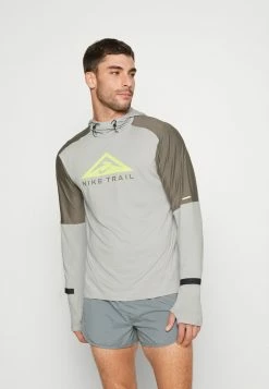 Nike Performance TRAIL HOODIE - Long Sleeved Top - Light Iron Ore/olive Grey/volt